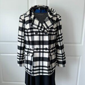 a.n.a, Black & White Pea Coat, Button Up, Lined, Pockets, Hood, Size 1X